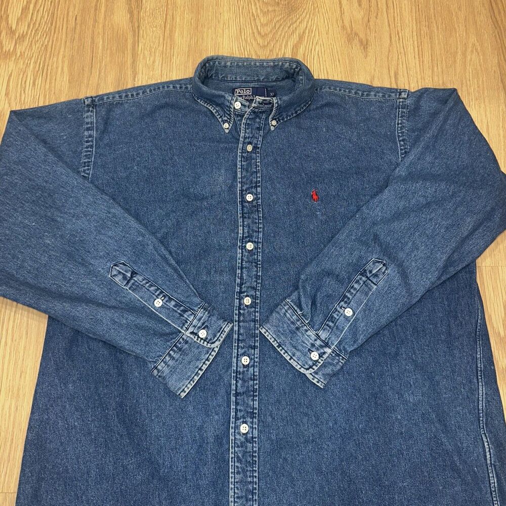 Vintage Polo Ralph Lauren Blue Denim Button Down Shirt Mens XL Red Pony Preppy